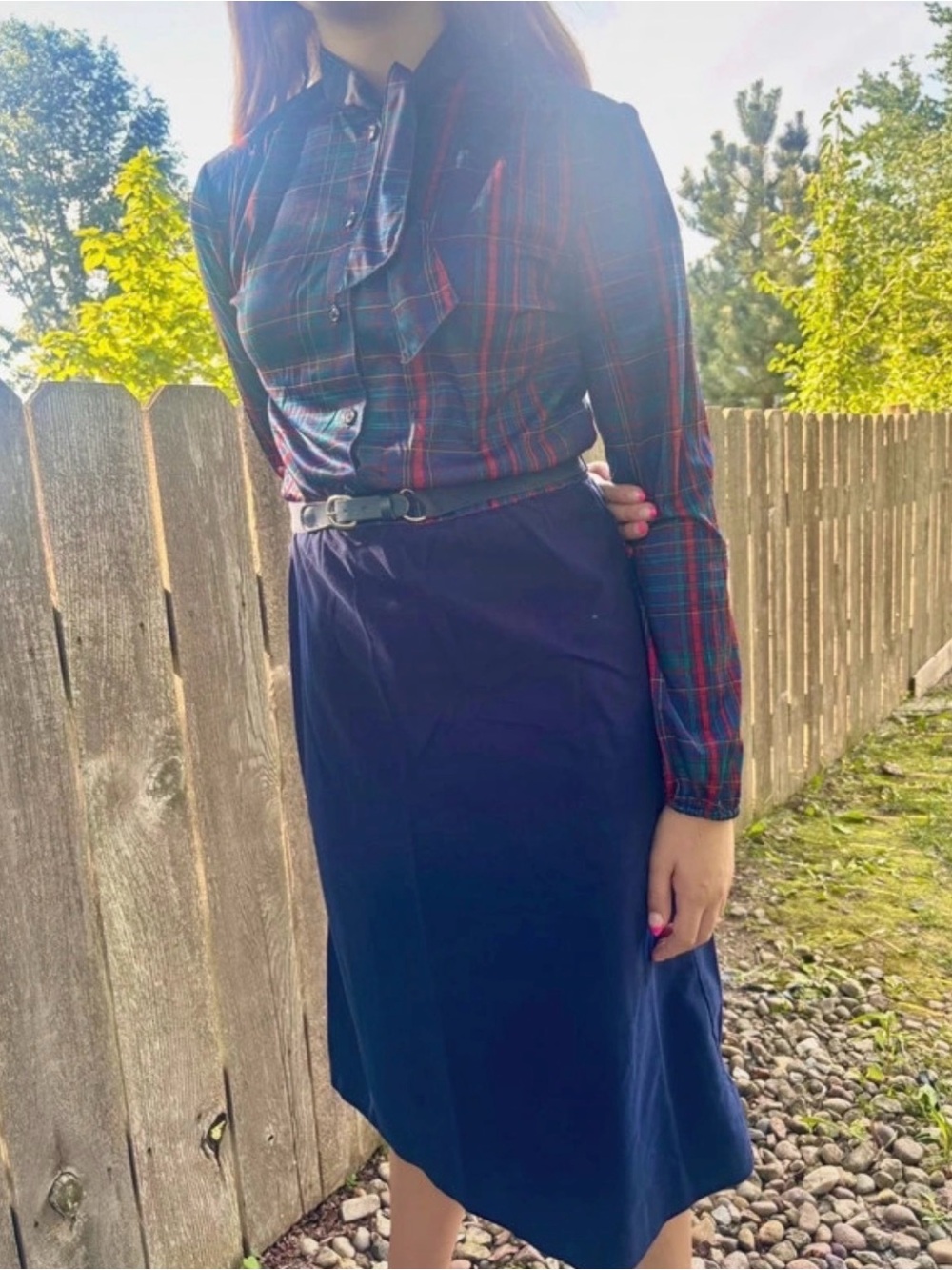 Vintage 80s Plaid Secretary Dress- Navy
Tartan Belted Midi Dress